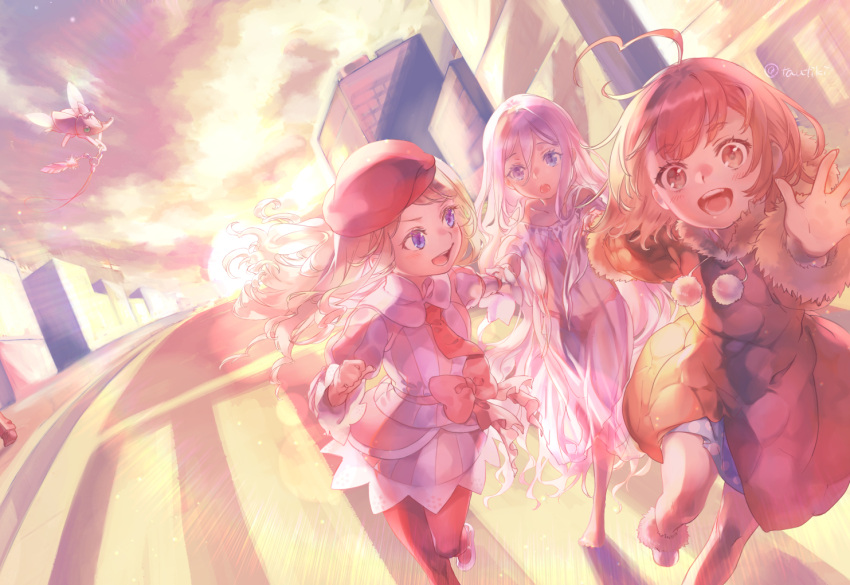 3girls ahoge bangs bare_legs beetle beetle_05_(toaru) beret blonde_hair blue_dress blue_eyes bow brown_coat brown_eyes brown_hair bug building child cityscape cloud cloudy_sky coat dress dress_bow dutch_angle female_child fraulein_kreutune fremea_seivelun fur-trimmed_coat fur_trim green_eyes happy hat holding_hands kakine_teitoku kakine_teitoku_(dark_matter) knee_up last_order_(toaru_majutsu_no_index) long_hair looking_at_another looking_at_viewer morning multiple_girls necktie open_mouth outdoors pantyhose pink_dress polka_dot polka_dot_dress purple_hair red_bow red_headwear red_necktie red_pantyhose rhinoceros_beetle road running see-through see-through_dress shoes short_hair signature sky smile street striped striped_dress sun sunlight surprised tautiki toaru_majutsu_no_index toaru_majutsu_no_index:_new_testament vertical-striped_dress vertical_stripes very_long_hair waving white_beetle_(toaru) white_hair wide_shot winter_clothes