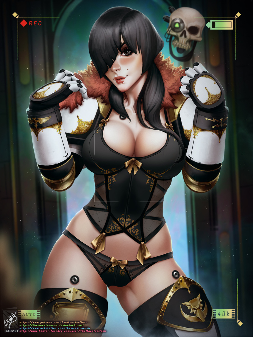 1girl adeptus_astartes armor bangs black_bra black_eyes black_hair black_legion black_panties bra breasts cleavage closed_mouth fur_collar gauntlets hair_over_one_eye highres lingerie lips long_hair long_sleeves looking_at_viewer mole mole_above_mouth navel panties pauldrons servo-skull shoulder_armor smile solo space_marine stomach themaestronoob underwear viewfinder warhammer_40k