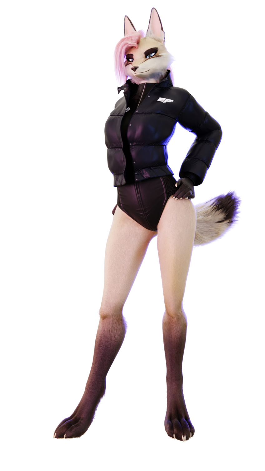 3d_(artwork) alpha_channel anthro blender_(software) canid canine canis claws clothed clothing digital_media_(artwork) english_text female fox fur hair hi_res impreza jacket mammal multicolored_body outside pink_hair simple_background solo tan_body tan_fur text topwear transparent_background tridognait