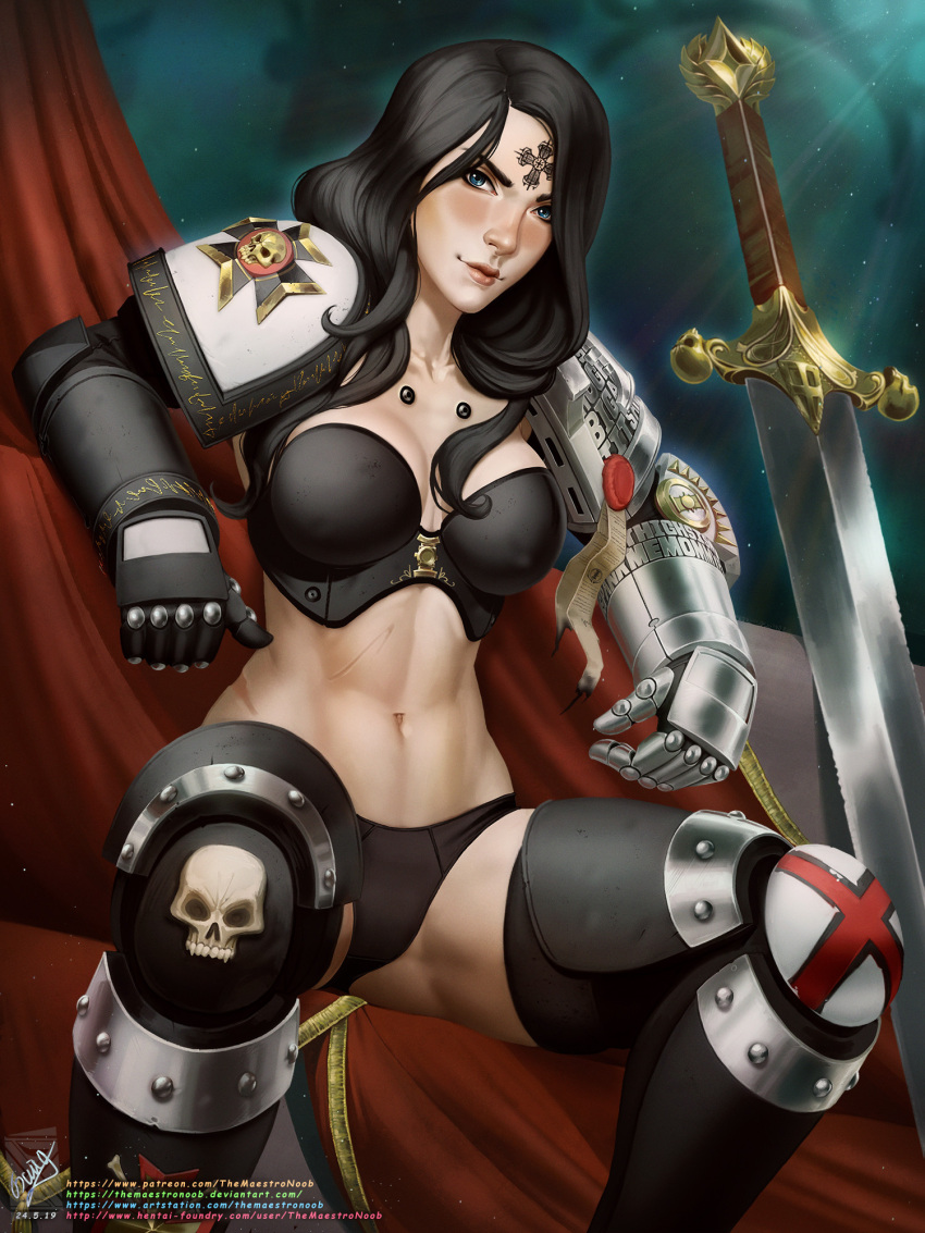 1girl adeptus_astartes armor armored_boots artist_name black_bra black_hair black_panties blue_eyes boots bra chair closed_mouth death_watch forehead_tattoo gauntlets highres lips muscular muscular_female navel panties pauldrons power_armor scar scar_on_stomach shoulder_armor sitting skull_ornament smile solo space_marine stomach sword tattoo themaestronoob underwear warhammer_40k wax_seal weapon web_address