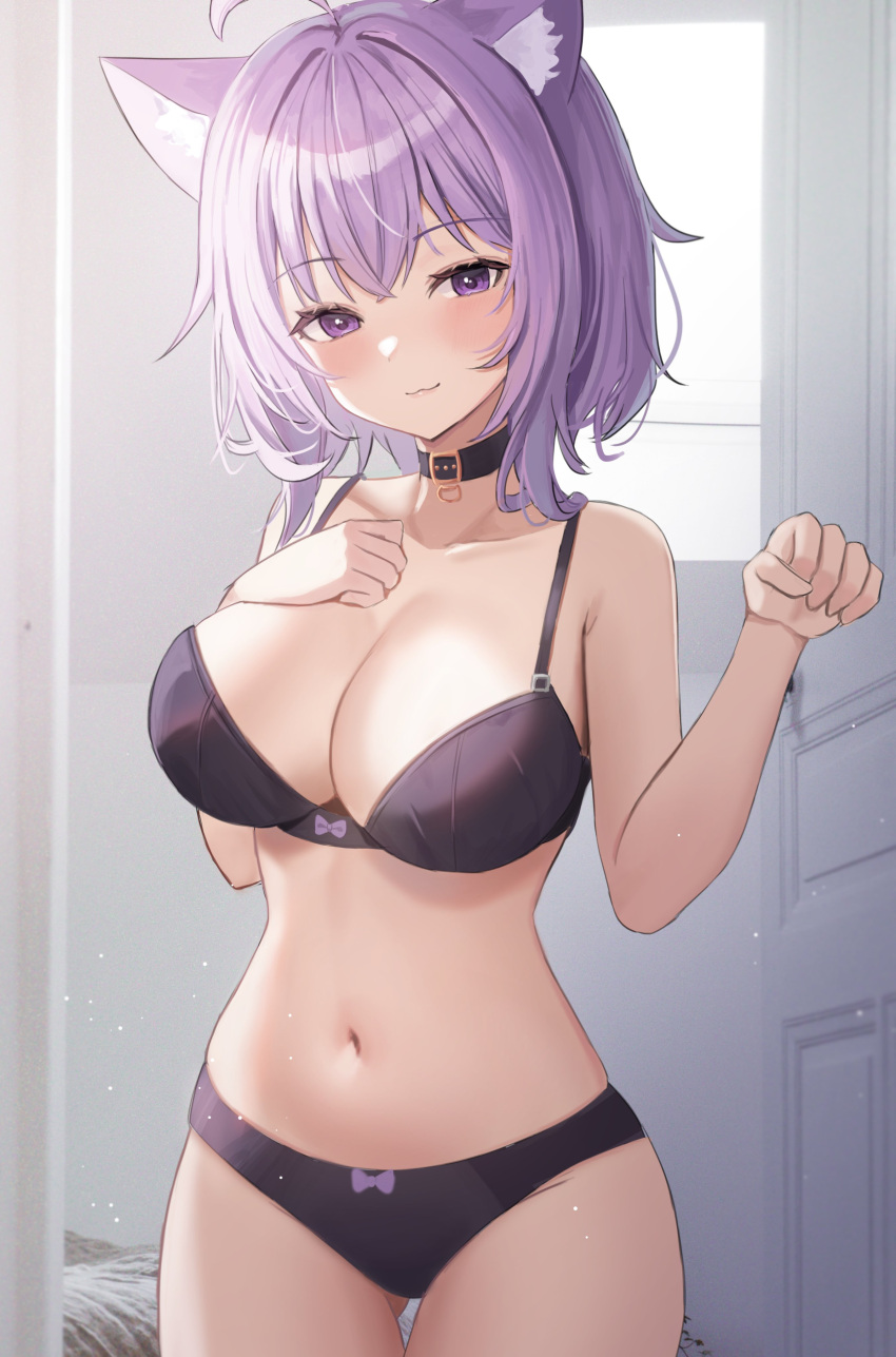 1girl :3 absurdres ahoge animal_ears ass_visible_through_thighs bare_arms bare_shoulders black_bra black_choker black_panties bra breast_suppress breasts cat_ears cat_girl choker cleavage cowboy_shot hand_on_own_chest hands_up highres hololive indoors large_breasts looking_at_viewer nannung navel nekomata_okayu panties purple_eyes purple_hair short_hair smile solo standing stomach thigh_gap thighs underwear underwear_only virtual_youtuber