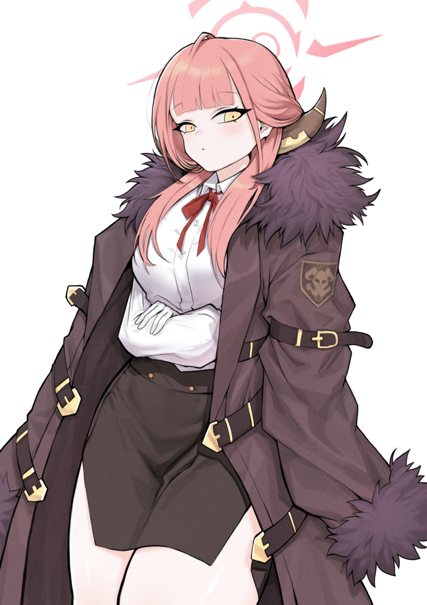 1girl :o ahoge arms_under_breasts aru_(blue_archive) bangs bare_legs black_skirt blue_archive blunt_bangs blush breasts brown_coat buckle cleavage closed_mouth coat coat_on_shoulders collared_shirt commentary_request crossed_arms demon_horns feet_out_of_frame fur-trimmed_coat fur_collar fur_trim gloves hair_over_shoulder halo head_tilt highres horns legs_together long_coat long_hair long_sleeves looking_at_viewer loose_neck_ribbon neck_ribbon open_clothes open_coat orange_eyes parted_lips pencil_skirt pink_hair red_ribbon ribbon shirt shirt_tucked_in side_slit sidelocks skirt solo white_gloves white_shirt yosik