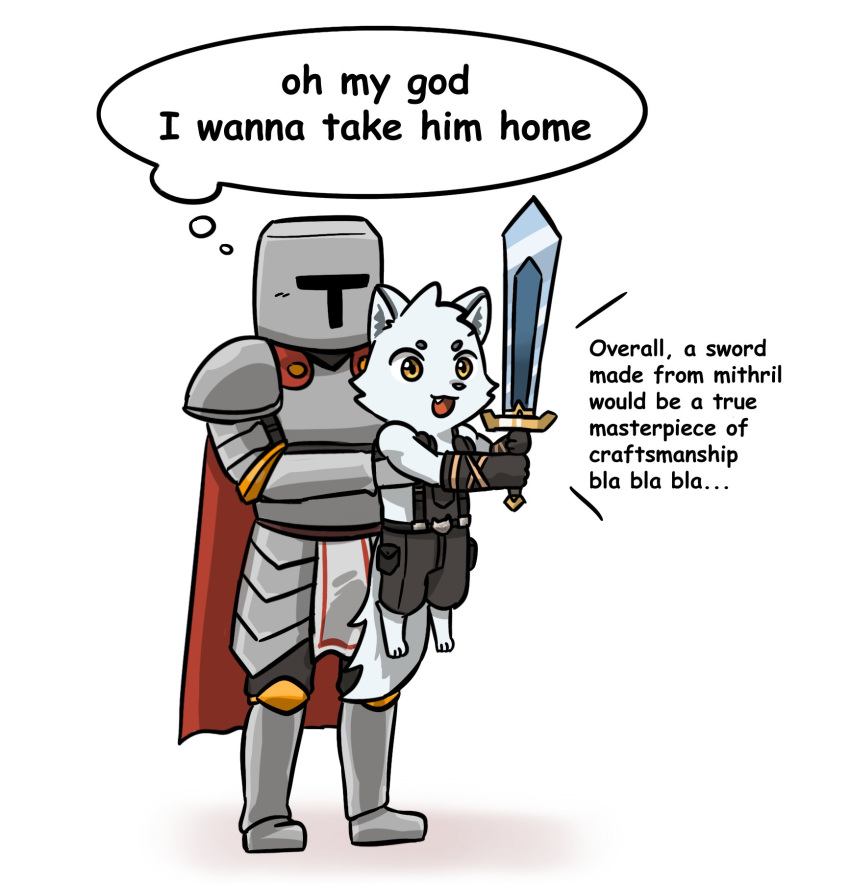 anthro arctic_fox canid canine carrying_another comic duo english_text fox hi_res human knight male mammal melee_weapon northwoooof size_difference sword text warrior weapon