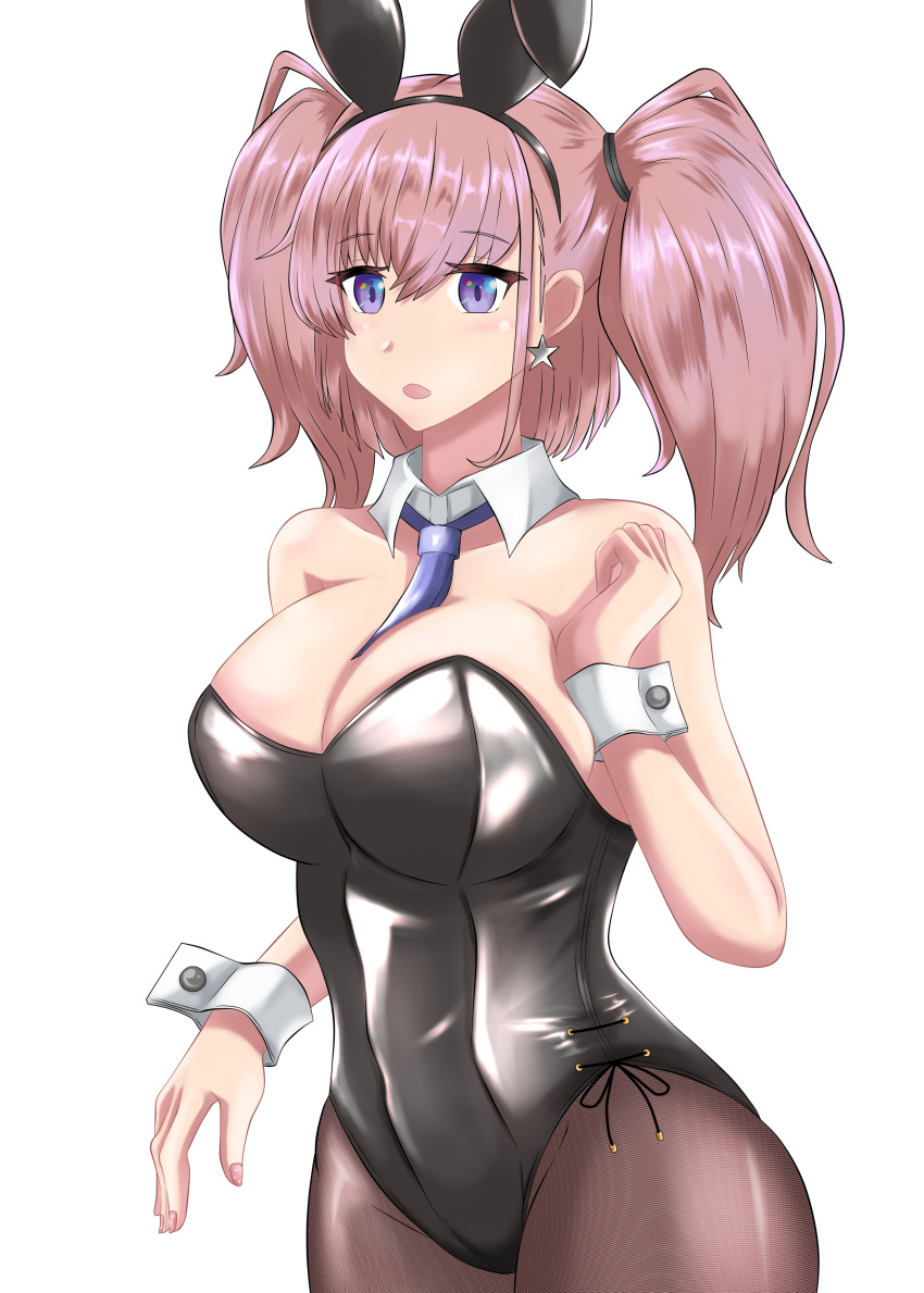 1girl absurdres animal_ears atlanta_(kancolle) between_breasts black_leotard bow bowtie breasts brown_hair brown_pantyhose covered_navel detached_collar earrings fake_animal_ears grey_eyes highres jewelry kantai_collection large_breasts leotard long_hair looking_at_viewer necktie necktie_between_breasts nipa_(graf_xsr900) open_mouth pantyhose playboy_bunny purple_necktie rabbit_ears simple_background solo star_(symbol) star_earrings strapless strapless_leotard two_side_up white_background wrist_cuffs