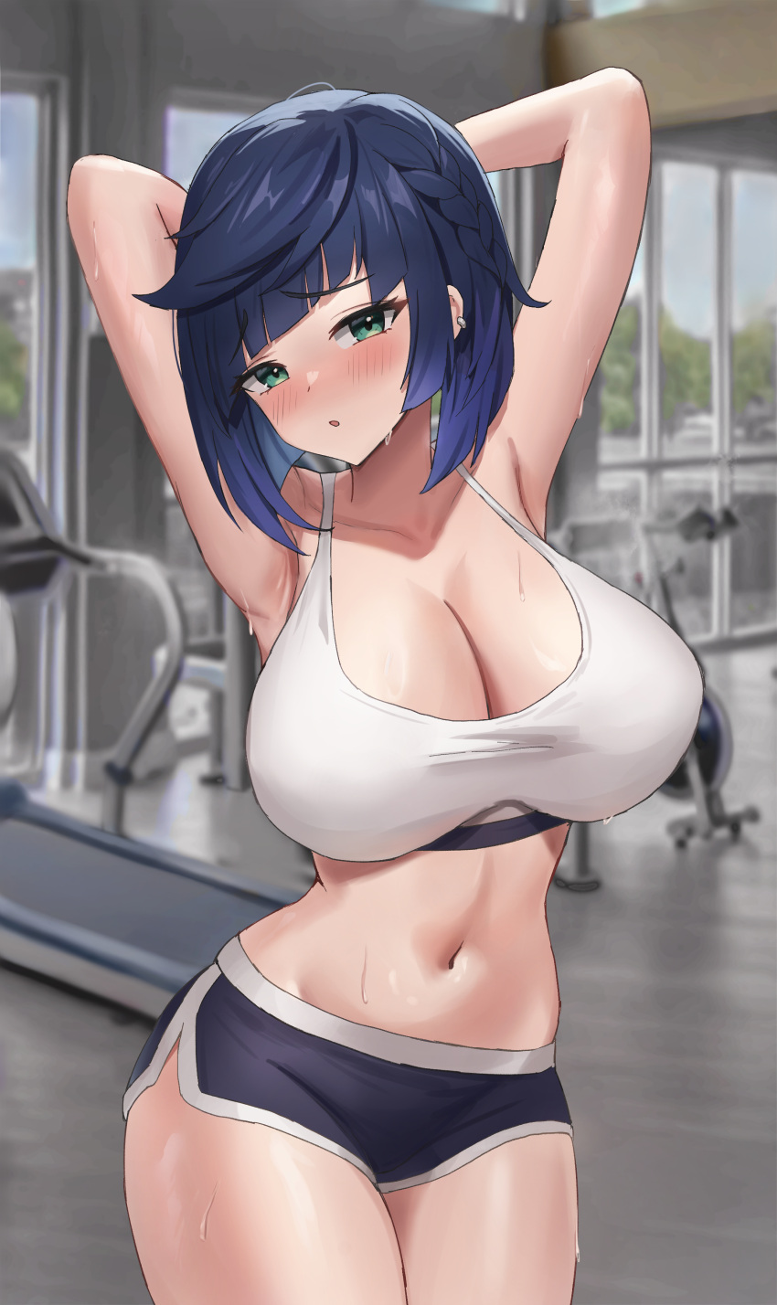 absurdres alternate_costume armpits arms_behind_back arms_up bangs black_shorts blue_hair blurry blurry_background blush bra braid breasts cleavage collarbone contrapposto cowboy_shot dark_blue_hair diagonal_bangs genshin_impact green_eyes gym highres jag_ging large_breasts looking_at_viewer medium_hair midriff navel short_shorts shorts sports_bra sweat underwear white_bra yelan_(genshin_impact)