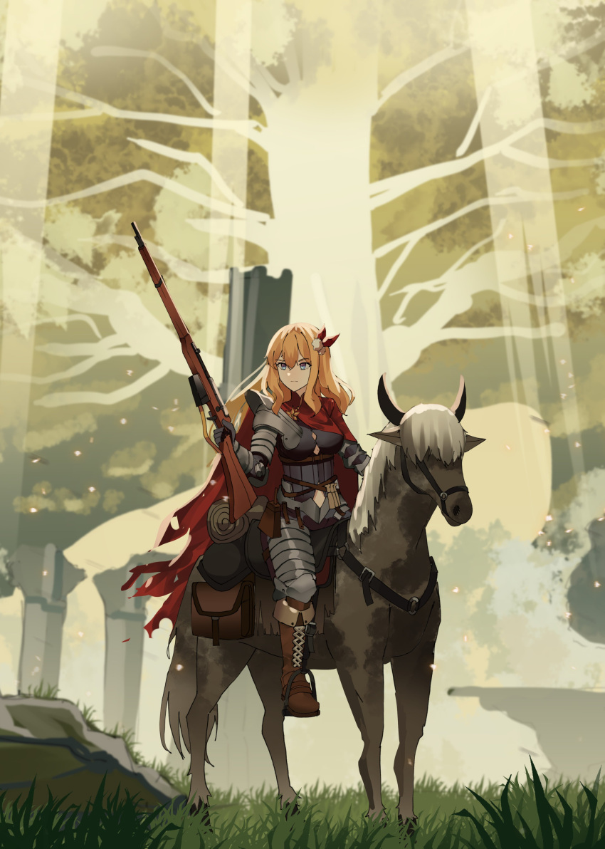 1girl absurdres armor bedroll bolt_action boots breasts brooch brown_footwear cape commentary commission cross-laced_footwear crossover elden_ring english_commentary erdtree_(elden_ring) full_body gar32 gauntlets girls'_frontline gun hair_ornament highres holding holding_gun holding_weapon horse horseback_riding jewelry knee_boots lace-up_boots long_hair medieval medium_breasts mosin-nagant mosin-nagant_(blade_of_white_steel)_(girls'_frontline) mosin-nagant_(girls'_frontline) orange_hair pauldrons plate_armor red_cape riding rifle shoulder_armor single_pauldron solo_focus weapon