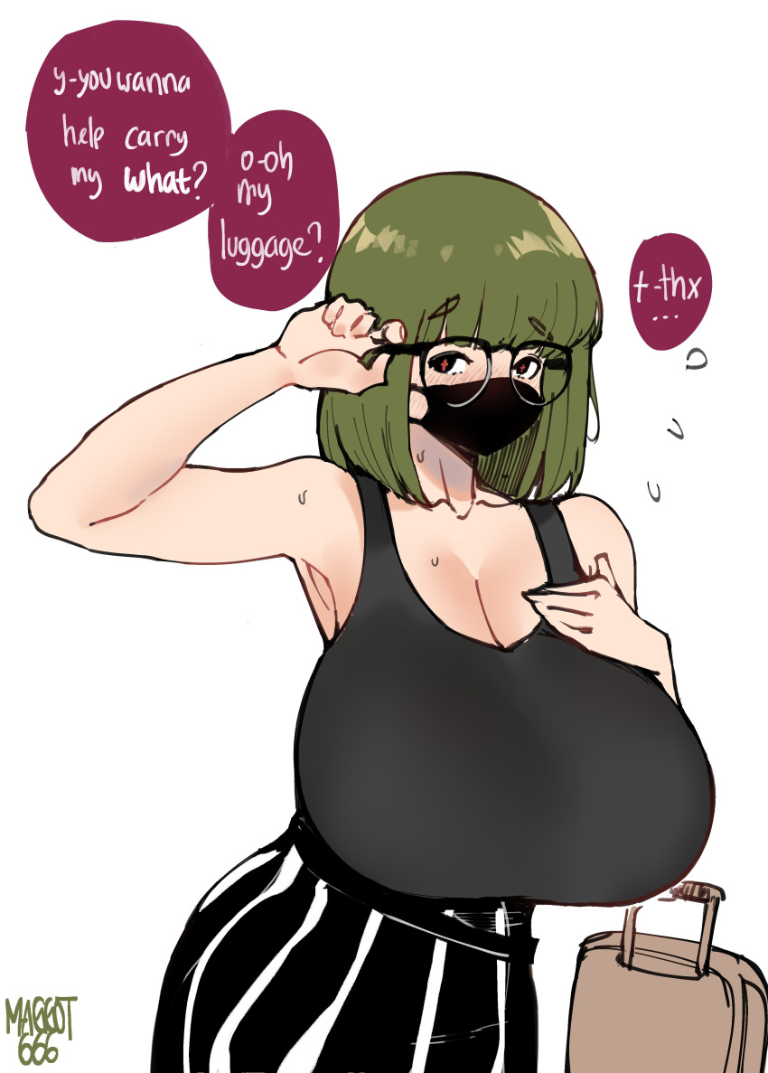 +_+ 1girl absurdres black-framed_eyewear black_eyes blush breasts cleavage commentary english_text glasses green_hair grey_tank_top highres huge_breasts mask medium_hair mouth_mask norman_maggot original over-rim_eyewear rolling_suitcase semi-rimless_eyewear solo speech_bubble suitcase sweat symbol-only_commentary tank_top