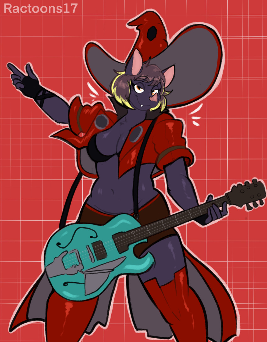 anthro bat black_hair charlotte_corvinus_(charliecorvinus) clothing female guilty_gear guitar hair handwear hi_res hybrid i-no mammal microbat musical_instrument phyllostomid plucked_string_instrument pteropodid ractoons short_hair slightly_chubby slightly_chubby_female solo string_instrument vampire_bat yangochiropteran