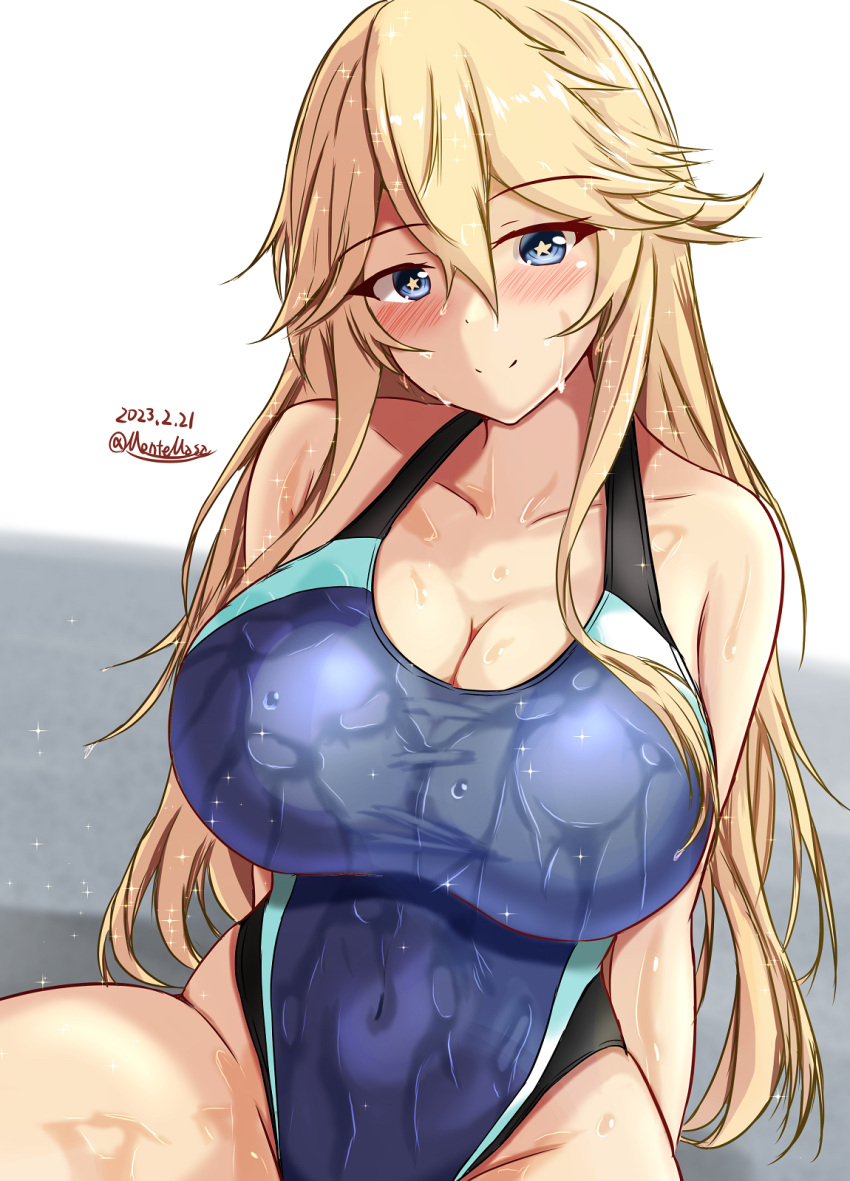 black_one-piece_swimsuit blonde_hair blue_eyes blue_one-piece_swimsuit blush breasts competition_swimsuit covered_navel dated highleg highleg_swimsuit highres indoors iowa_(kancolle) kantai_collection large_breasts long_hair montemasa multicolored_clothes multicolored_swimsuit one-hour_drawing_challenge one-piece_swimsuit pool poolside sitting smile star-shaped_pupils star_(symbol) swimsuit symbol-shaped_pupils twitter_username two-tone_swimsuit wet wet_clothes wet_swimsuit