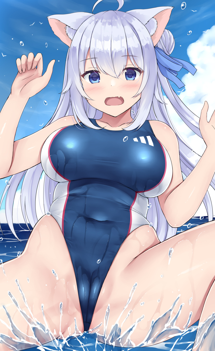 1girl absurdres ahoge animal_ear_fluff animal_ears bangs blue_one-piece_swimsuit blue_sky blush breasts cloud collarbone commentary_request commission competition_swimsuit covered_navel cumulonimbus_cloud hair_ribbon highres horizon large_breasts long_hair looking_at_viewer mizunashi_kenichi ocean one-piece_swimsuit open_mouth original outdoors pixiv_commission ribbon sidelocks sitting sky solo spread_legs stomach swimsuit water_drop white_hair