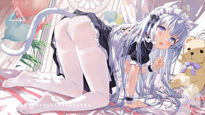 1girl absurdres all_fours animal_ear_fluff animal_ears balloon black_bow black_ribbon blue_eyes bow bow_hairband cat_ears cat_girl devil_heavens dress fang hair_ribbon hairband hand_up heart_balloon heterochromia highres horns indie_virtual_youtuber light_blush looking_at_viewer maid maid_headdress ninico_(vtuber) no_shoes open_mouth panties pantyhose pantyshot puffy_short_sleeves puffy_sleeves purple_bow purple_eyes ribbon short_dress short_sleeves single_horn solo stuffed_animal stuffed_toy tail teddy_bear thighband_pantyhose underwear virtual_youtuber watermark white_panties white_pantyhose