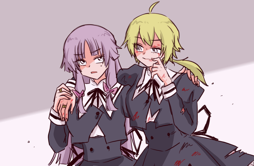 2girls ahoge amano_soraha arm_around_shoulder assault_lily bangs banshouya_ena black_ribbon black_skirt blonde_hair blood blood_on_clothes blood_on_face blood_on_hands blunt_bangs blunt_ends bow buttons closed_mouth cowboy_shot cropped_jacket finger_to_mouth grey_background hair_bow hand_on_another's_shoulder hands_up high-waist_skirt highres holding_hands jewelry juliet_sleeves long_hair long_sleeves looking_at_another looking_away looking_to_the_side looking_up low_ponytail multiple_girls neck_ribbon parted_lips pink_bow puffy_sleeves purple_hair ribbon ring school_uniform shirt side-by-side sideways_glance skirt standing sweatdrop torn_clothes torn_skirt torn_sleeves very_long_hair white_eyes white_shirt yamada_(ymdgrak) yurigaoka_girls_academy_school_uniform