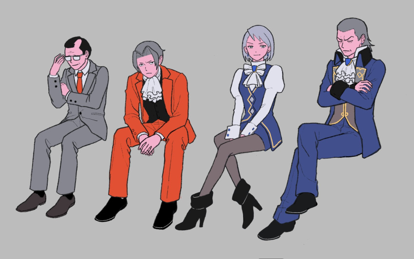 1girl 23011620x 3boys ace_attorney ascot black_footwear black_gloves black_vest blue_jacket blue_skirt boots closed_eyes closed_mouth crossed_arms crossed_legs earrings formal franziska_von_karma gem glasses gloves grey_background grey_hair grey_pantyhose hair_intakes high_heel_boots high_heels highres jacket jewelry juliet_sleeves long_sleeves manfred_von_karma miles_edgeworth mole mole_under_eye multiple_boys old old_man pants pantyhose pencil_skirt phoenix_wright:_ace_attorney puffy_sleeves red_jacket red_pants red_suit shirt shoes short_hair simple_background sitting skirt smile suit vest white_shirt winston_payne