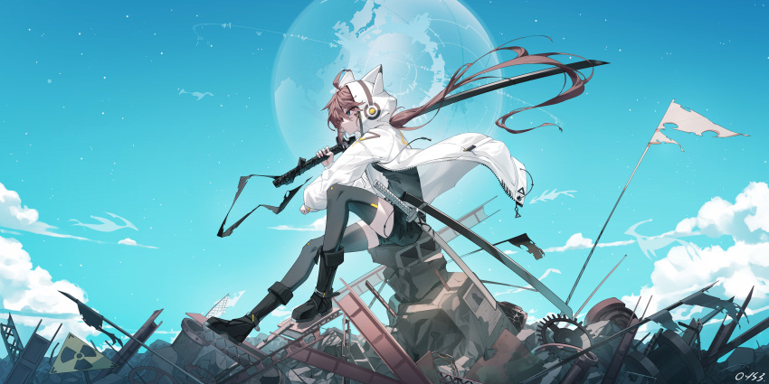 1girl animal_ears animal_hood black_footwear black_shirt black_shorts black_thighhighs blue_sky boots breasts brown_hair cloud commentary_request day debris fake_animal_ears flower gears highres holding holding_sword holding_weapon hood hood_up hooded_jacket jacket katana long_hair long_sleeves low_ponytail medium_breasts original outdoors ponytail profile puffy_long_sleeves puffy_sleeves qian_ye_(qys3) qys3 radiation_symbol sheath sheathed shirt short_shorts shorts sign signature sitting sky solo sword thighhighs thighhighs_under_boots torn_flag very_long_hair weapon white_flower white_jacket