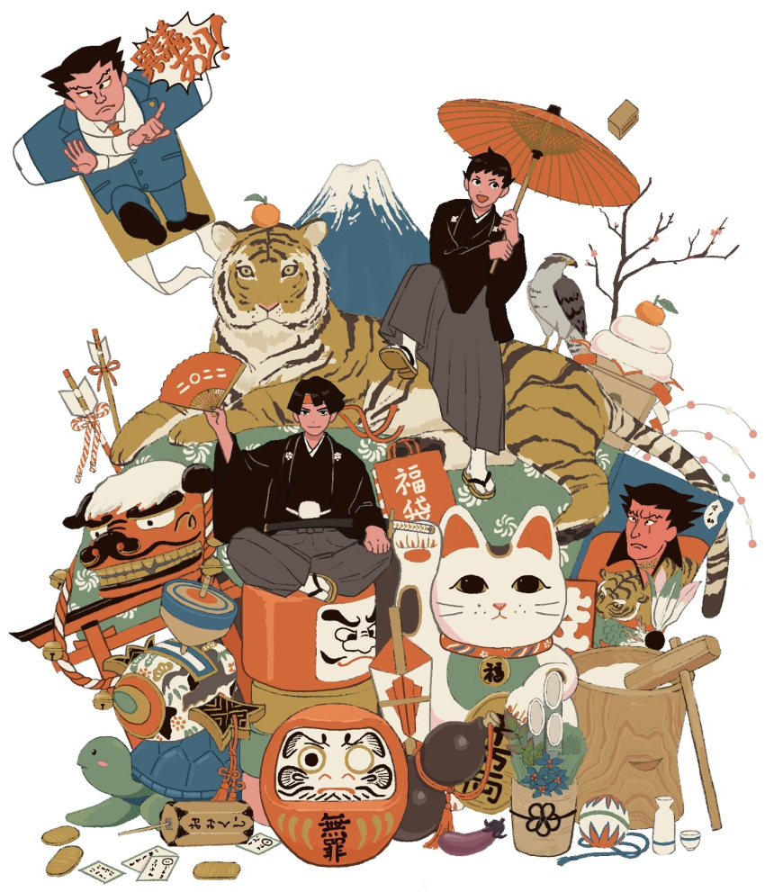 23011620x 2boys ace_attorney arrow_(projectile) bag bird black_hair black_kimono food fruit furio_tigre geta hakama hand_fan hawk highres holding holding_umbrella japanese_clothes kadomatsu kazuma_asogi kimono kine mallet mandarin_orange maneki-neko mochi multiple_boys new_year objection oil-paper_umbrella phoenix_wright red_umbrella ryunosuke_naruhodo sitting smile socks tengu the_great_ace_attorney tiger torii turtle umbrella white_socks