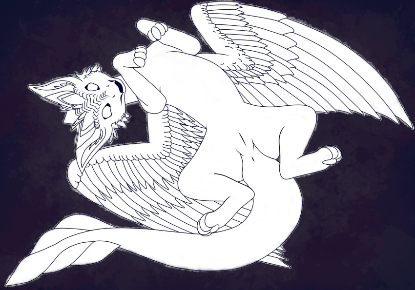 angel_dragon animal_genitalia anus arkona_(arkonadragon) arkonadragon dragon feathered_wings feathers feral fur furred_dragon genital_slit genitals hi_res horn lying male on_back pawpads paws slit smile solo spread_legs spread_wings spreading tail view_from_below wings