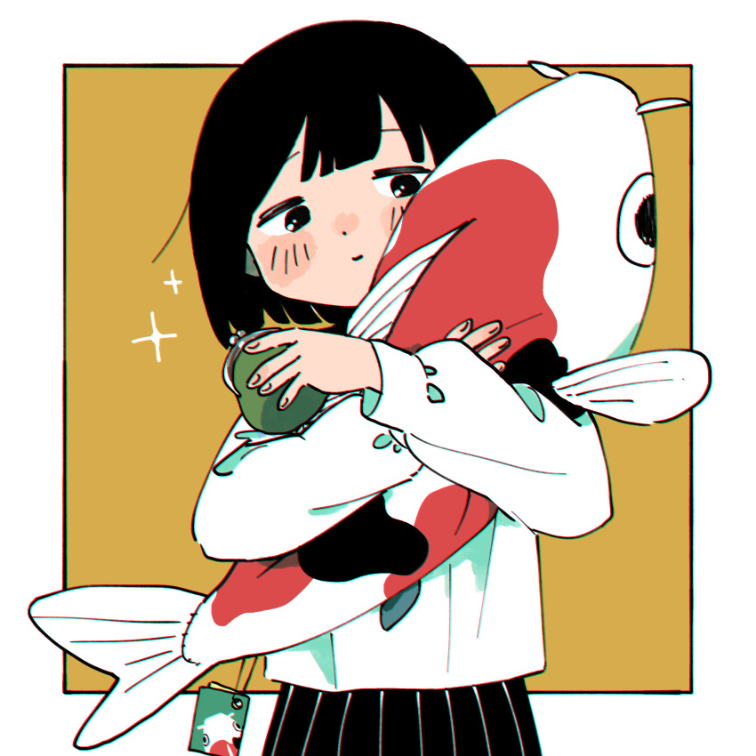 1girl animal animal_hug bangs black_eyes black_hair black_skirt blush bob_cut border closed_mouth coin_purse fish highres holding holding_animal holding_stuffed_toy koi long_sleeves looking_at_viewer object_hug original outside_border pinpon_sakana pleated_skirt school_uniform serafuku shirt short_hair simple_background skirt solo sparkle stuffed_animal stuffed_fish stuffed_toy tag white_border white_shirt yellow_background