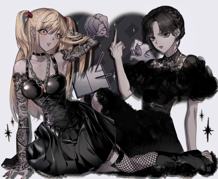 3girls addams_family amane_misa armpits bangs bare_shoulders black_choker black_dress black_footwear black_hair black_sleeves blonde_hair braid breasts brown_eyes chain choker cleavage closed_mouth collared_dress death_note death_note_(object) detached_sleeves dress fishnet_thighhighs fishnets grey_background heart highres large_breasts long_hair middle_finger multiple_girls oji_~yo parted_bangs pen print_sleeves rem_(death_note) short_hair short_sleeves thighhighs wednesday_(netflix) wednesday_addams white_background yellow_eyes