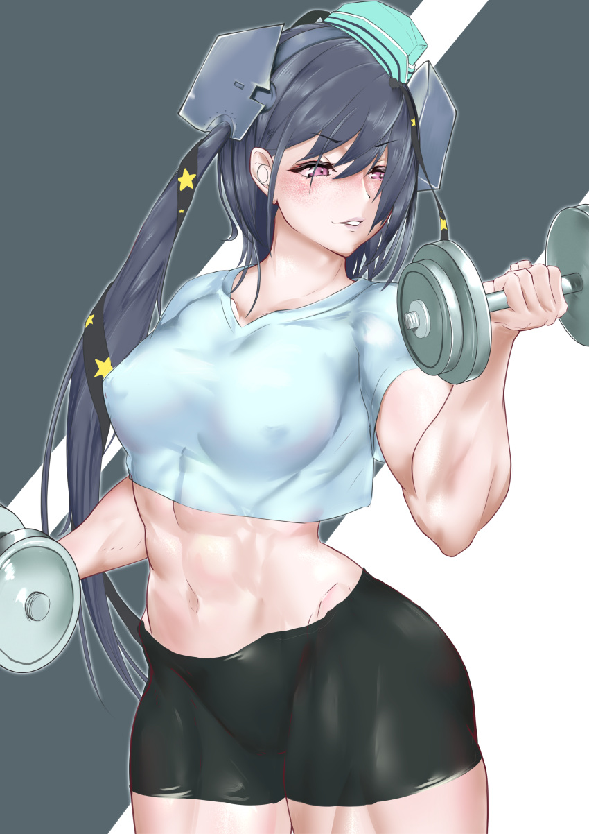 1girl absurdres black_hair black_shorts blue_shirt breasts commentary_request cowboy_shot crop_top dumbbell exercise grin highres kantai_collection kureshi_(hannzi) large_breasts long_hair midriff navel parted_lips purple_eyes scamp_(kancolle) shirt short_shorts short_sleeves shorts smile solo standing stomach very_long_hair weightlifting