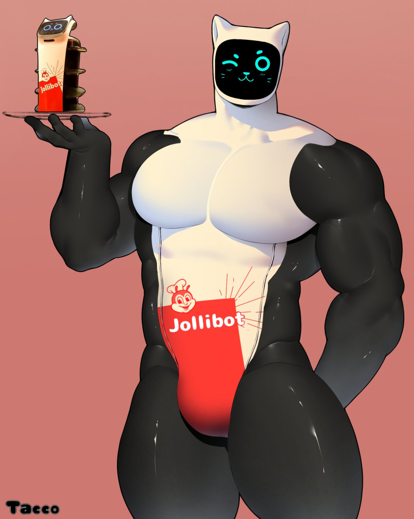 2022 android anthro anthrofied artist_name bellabot black_body domestic_cat el_tacc0 english_description felid feline felis hand_behind_back hi_res holding_object jollibee jollibot machine male mammal multicolored_body muscular muscular_anthro muscular_male one_eye_closed portrait pudu_robotics red_background robot screen screen_face shaded simple_background solo three-quarter_portrait white_body wink