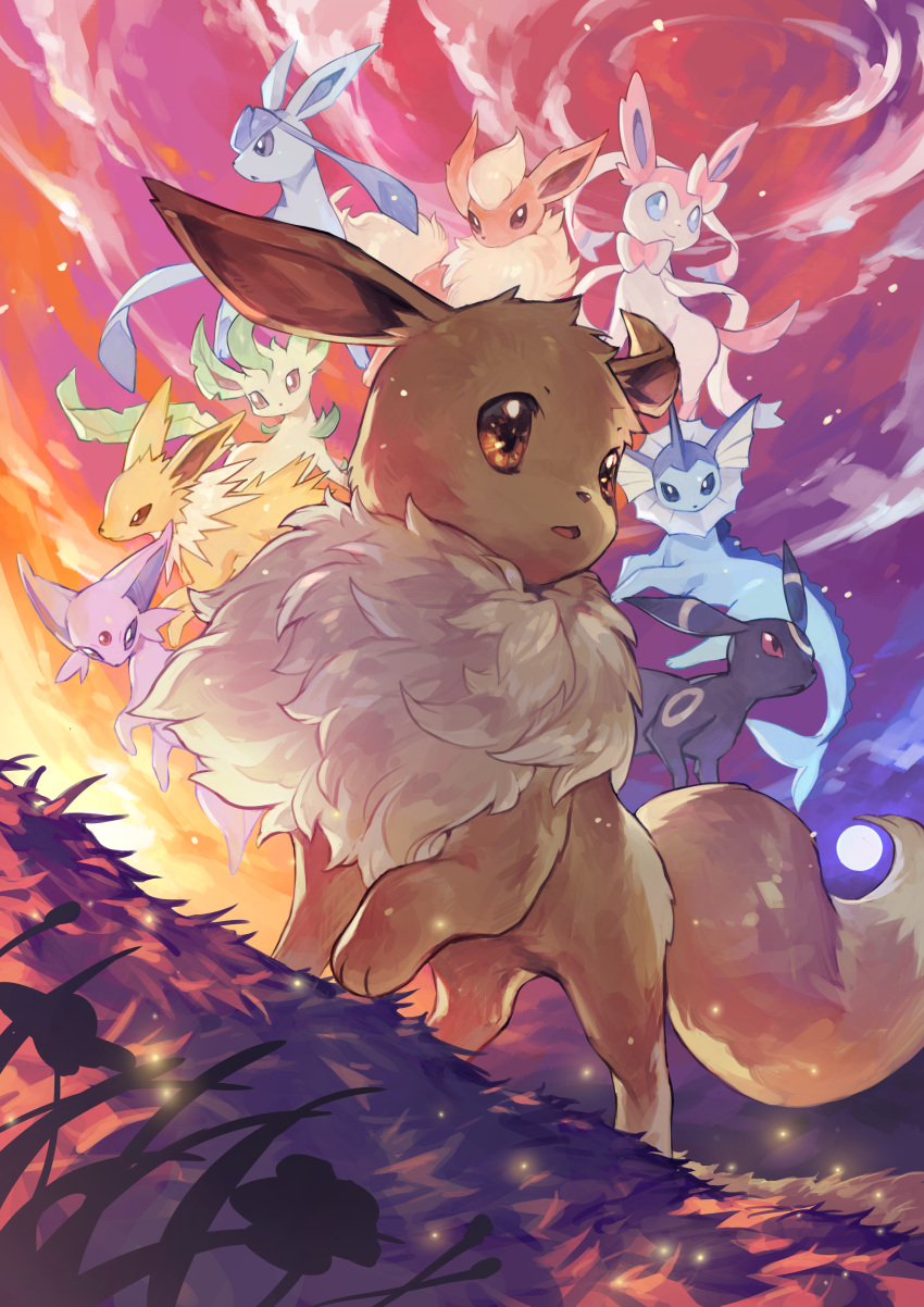 absurdres animal_focus backlighting brown_eyes cloud commentary_request dutch_angle eevee espeon evolutionary_line flareon fluffy full_body fur_collar glaceon gradient_sky highres jolteon leafeon leg_up looking_to_the_side no_humans open_mouth outdoors pokemon pokemon_(creature) sky solo_focus standing sunset sylveon tapioka_chaso umbreon vaporeon