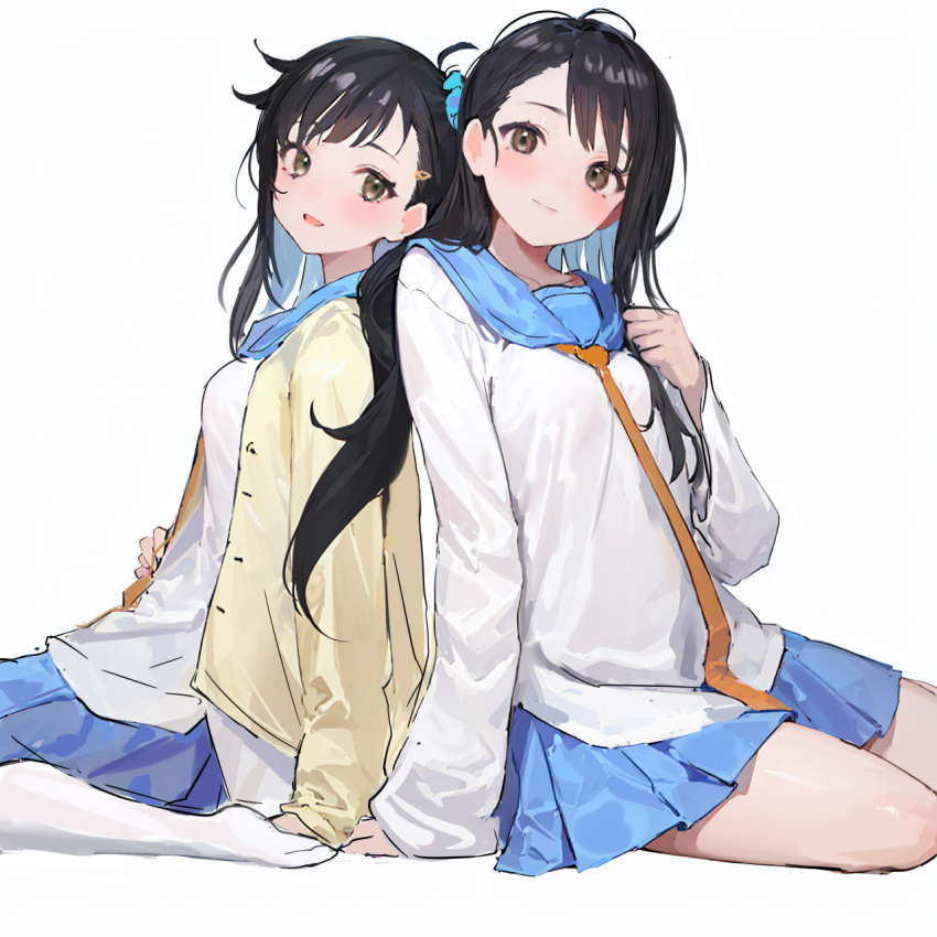 2girls arm_support black_hair blue_skirt blush breasts cardigan hair_ornament hair_scrunchie highres looking_at_viewer medium_breasts multiple_girls nisekoi onodera_haru onodera_kosaki panties pleated_skirt sail school_uniform scrunchie siblings side_ponytail simple_background sisters sitting skirt smile underwear white_background white_panties yellow_cardigan yougashi