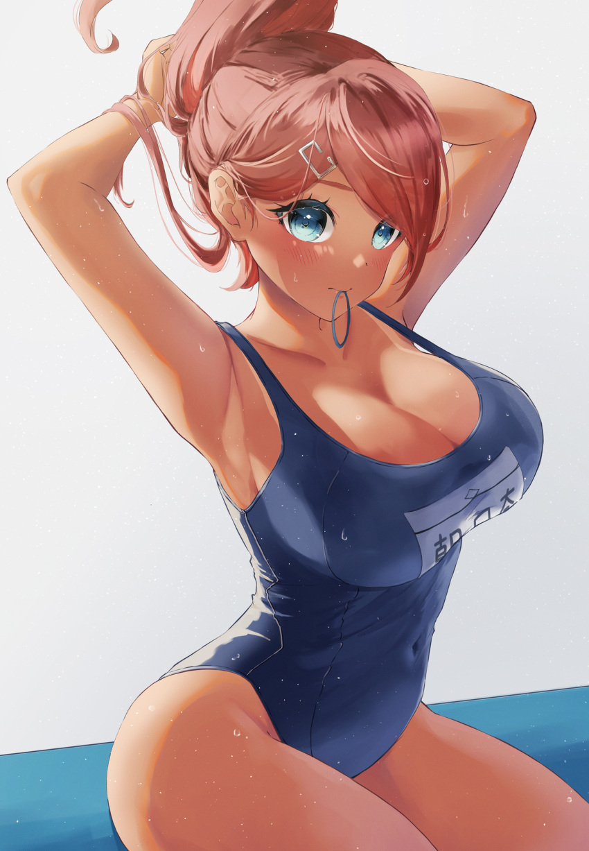 1girl arms_up asahina_aoi bangs bare_shoulders blue_eyes blue_one-piece_swimsuit breasts brown_hair cleavage collarbone covered_navel danganronpa:_trigger_happy_havoc danganronpa_(series) dark-skinned_female dark_skin hair_ornament hair_tie_in_mouth hairclip hands_in_hair highres kitsune_yuki large_breasts looking_at_viewer mouth_hold one-piece_swimsuit school_swimsuit short_hair sitting solo swimsuit wet