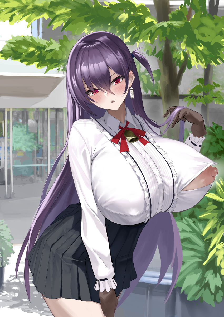 1girl absurdres bangs black_gloves black_skirt blush breasts collared_shirt commentary_request earrings gen_(black_factory) gloves hair_between_eyes highres huge_breasts jewelry lactation large_breasts long_hair long_sleeves looking_at_viewer nipples nursing_sweater open_mouth original outdoors pleated_skirt purple_hair red_eyes shirt skirt solo standing sweater tree very_long_hair white_shirt