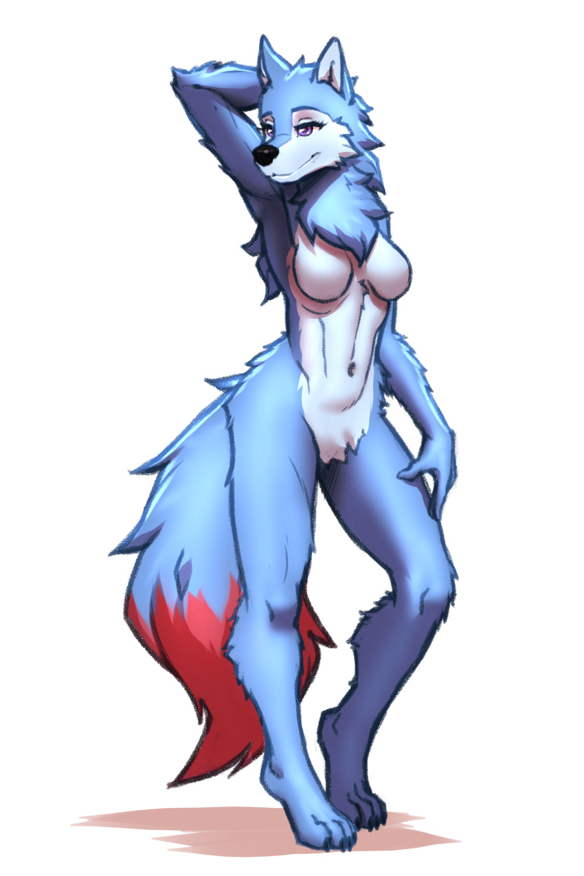 2023 absurd_res anthro arm_tuft black_nose blue_body blue_fur breasts canid canine canis chest_tuft crotch_tuft dipstick_tail elbow_tuft eyelashes featureless_breasts female fluffy fluffy_tail fur hand_behind_head hi_res mammal markings mykegreywolf navel nude solo tail tail_markings tuft wolf