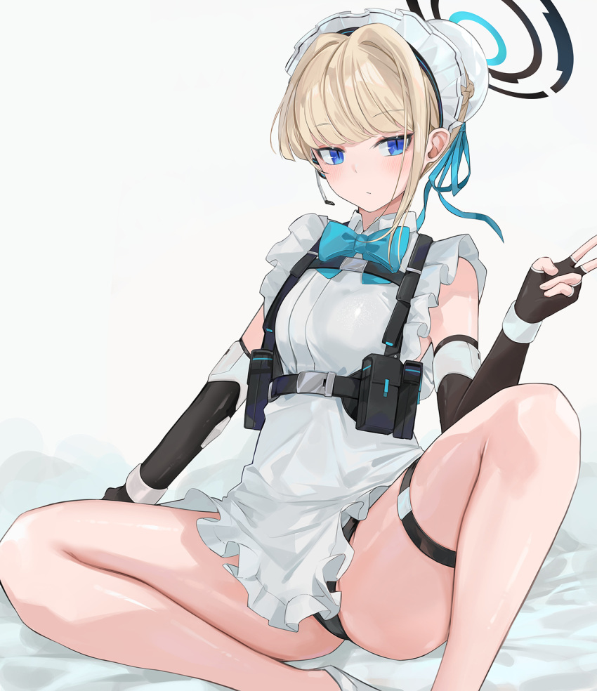 1girl apron bangs black_gloves black_leotard blonde_hair blue_archive blue_bow blue_bowtie blue_eyes blue_ribbon bow bowtie breasts bun_cover chest_harness closed_mouth commentary_request dema_hmw earpiece elbow_gloves feet_out_of_frame fingerless_gloves frilled_hairband frills gloves hair_bun hair_ribbon hairband halo hand_up harness highleg highleg_leotard highres leotard leotard_under_clothes looking_at_viewer maid_headdress microphone pouch ribbon short_hair sidelocks simple_background sitting solo spread_legs thigh_strap thighs toki_(blue_archive) v white_background white_hairband