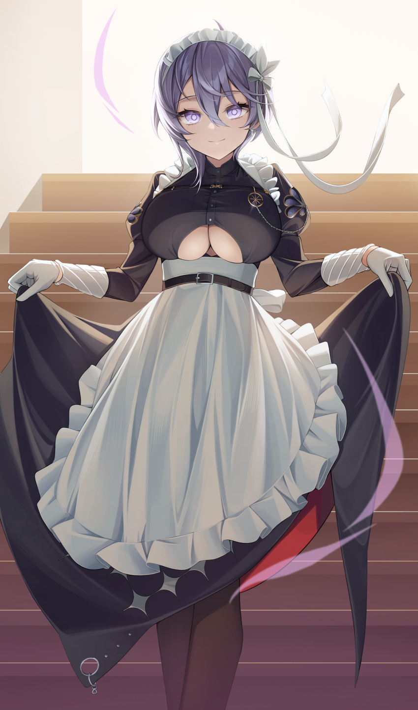 1girl absurdres apron azur_lane bellona_(armed_to_clean)_(azur_lane) bellona_(azur_lane) belt breasts closed_mouth clothes_lift clothing_cutout commission dress feet_out_of_frame gloves grey_hair hair_between_eyes highres indoors large_breasts long_dress looking_at_viewer maid maid_headdress pantyhose pixiv_commission purple_eyes purple_pupils ribbon skirt skirt_lift smile solo sora_(men0105) stairwell underboob underboob_cutout waist_apron white_gloves