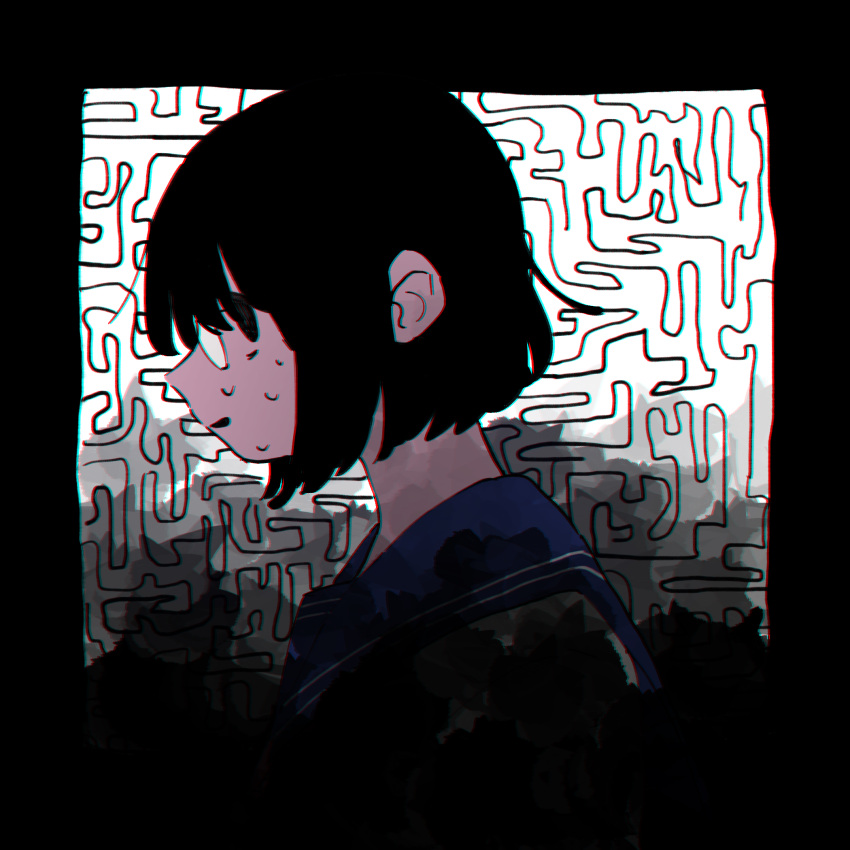 1girl abstract_background bangs black_border black_eyes black_hair blue_sailor_collar bob_cut border chromatic_aberration commentary english_commentary from_side glasses highres maze original parted_lips pinpon_sakana profile sailor_collar sailor_shirt school_uniform serafuku shirt short_hair solo sweat upper_body