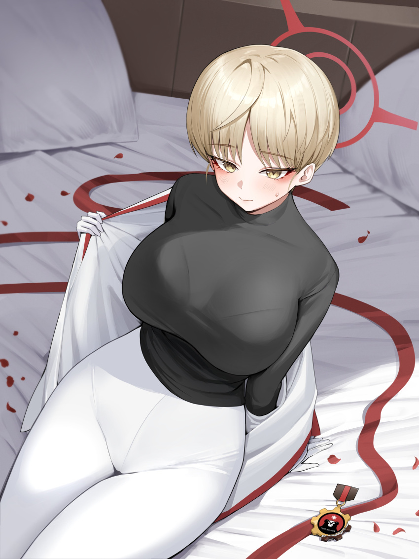 1girl absurdres black_shirt blue_archive bralines breasts gloves halo highres jacket large_breasts light_brown_hair long_sleeves marina_(blue_archive) mashilemo medallion military military_uniform on_bed pants removing_jacket shirt short_hair sitting taut_clothes turtleneck uniform white_gloves white_jacket white_pants yellow_eyes