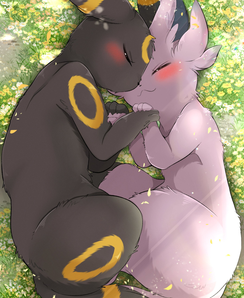 ambiguous_gender black_body blush detailed_background duo eeveelution espeon eyes_closed feral generation_2_pokemon hi_res holding_paws lying nintendo on_side paws pokemon pokemon_(species) prrrrrrmine purple_body quadruped sleeping umbreon