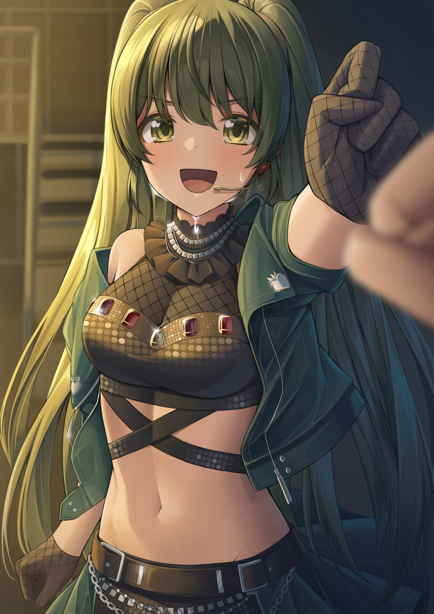 1boy 1girl :d absurdres backstage bangs black_gloves black_shirt blurry blurry_background blurry_foreground blush commentary cowboy_shot depth_of_field fishnet_gloves fishnets glint gloves green_eyes green_hair green_jacket groin headset highres idol idolmaster idolmaster_shiny_colors jacket long_hair looking_at_viewer midriff nanakusa_nichika navel open_clothes open_jacket open_mouth producer_(idolmaster) shirt sidelocks single_bare_shoulder smile solo_focus sora_(men0105) standing sweatdrop twintails very_long_hair