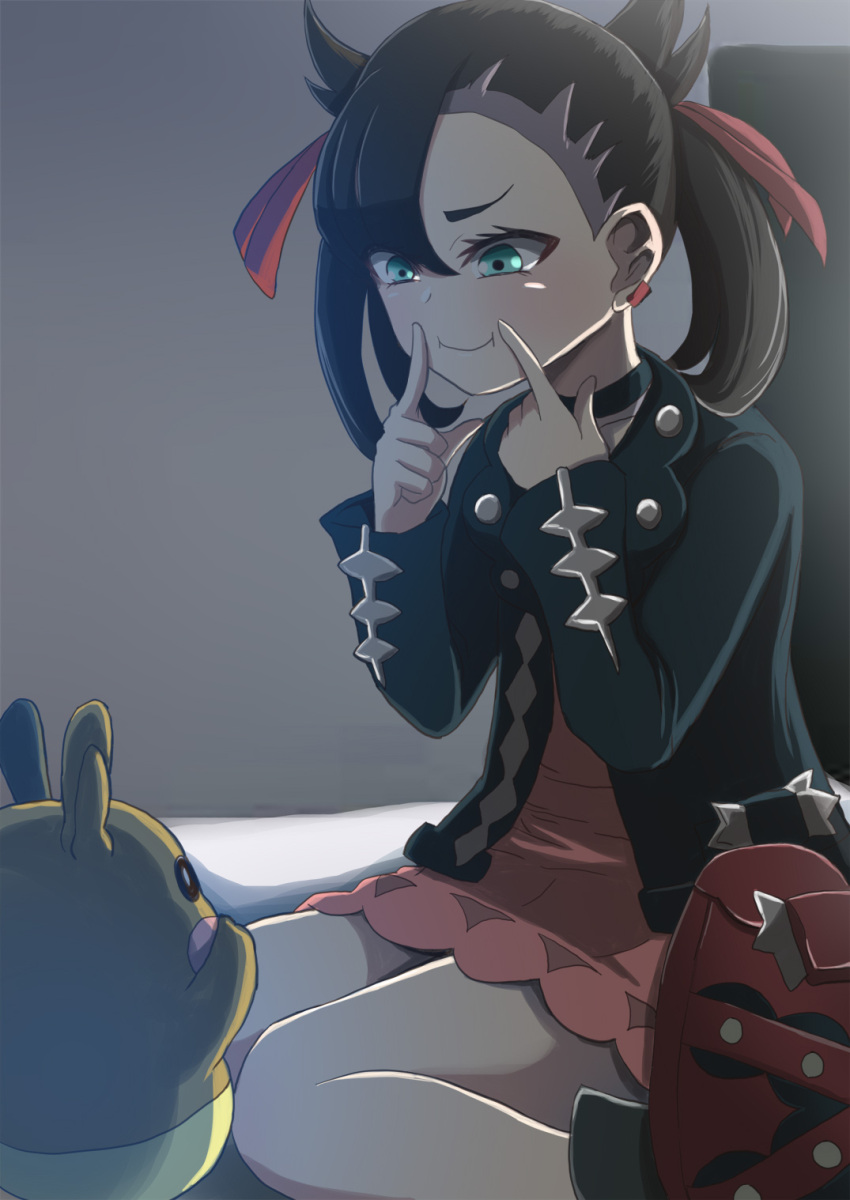 1girl ashino_moto backpack bag bangs black_choker black_hair choker dress ear_piercing fingersmile green_eyes highres indoors long_hair long_sleeves marnie_(pokemon) morpeko nintendo piercing pokemon pokemon_(game) pokemon_swsh red_bag sitting smile