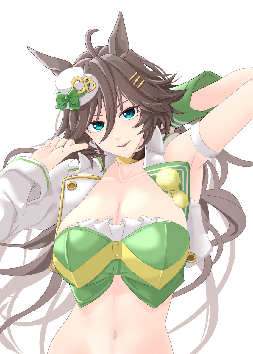 1girl absurdres ahoge animal_ears arm_behind_head arm_strap armpits arms_up bangs breasts brown_hair choker cleavage collarbone commentary_request crop_top cropped_jacket green_eyes green_shirt hair_between_eyes hair_ornament hairclip hat highres horse_ears horse_girl jacket kouma_(kumkouma) large_breasts long_hair long_sleeves looking_at_viewer midriff mini_hat mini_top_hat mr._c.b._(umamusume) navel open_clothes open_jacket open_mouth shirt sidelocks simple_background single_bare_shoulder single_sleeve smile solo standing strapless strapless_shirt teeth top_hat umamusume upper_body upper_teeth_only white_background white_jacket wrist_cuffs yellow_choker