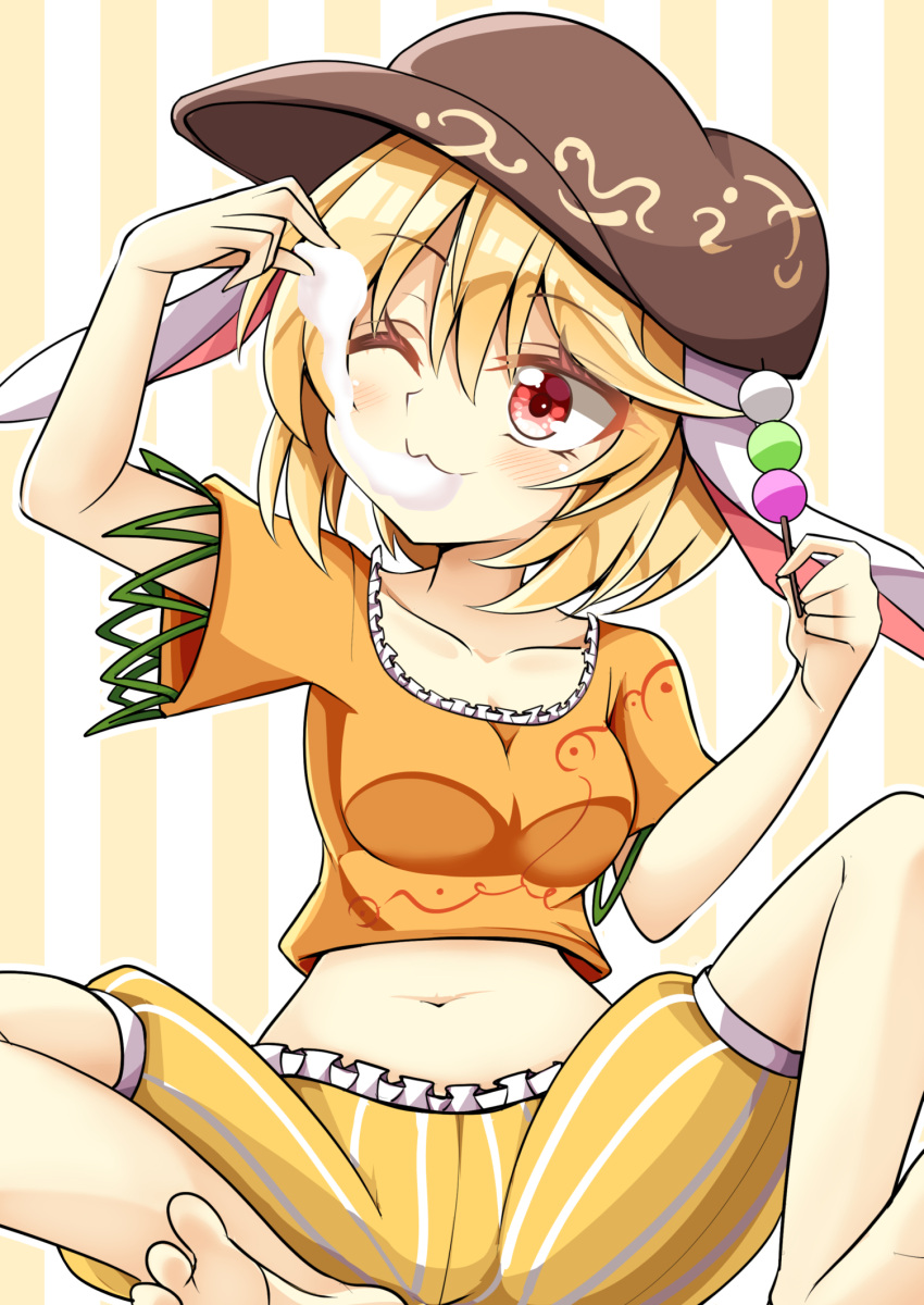 1girl ;3 animal_ears bangs barefoot blonde_hair breasts brown_headwear cabbie_hat commentary dango eating floppy_ears food hat highres holding holding_food keyaki_chimaki mochi navel one_eye_closed orange_shirt rabbit_ears rabbit_girl red_eyes ringo_(touhou) shirt short_hair short_sleeves shorts solo striped striped_background striped_shorts touhou two-tone_background vertical-striped_shorts vertical_stripes wagashi white_background yellow_background yellow_shorts