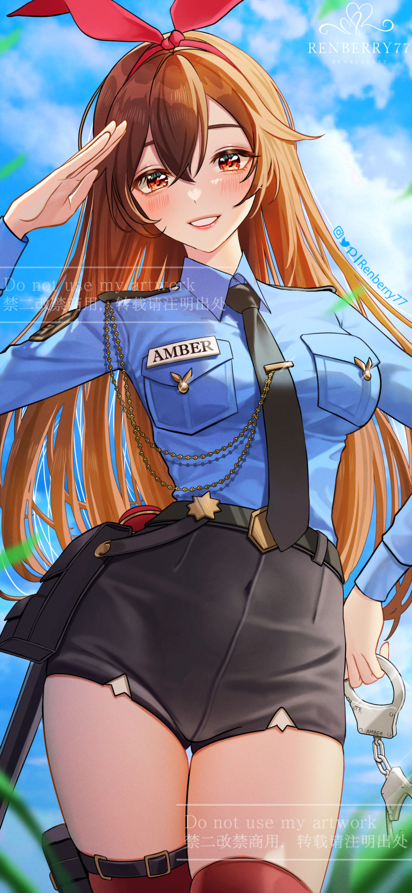 1girl :d absurdres amber_(genshin_impact) ass_visible_through_thighs bangs belt belt_pouch black_necktie black_shorts blue_shirt blue_sky breast_pocket breasts brown_hair collared_shirt cuffs day genshin_impact grin handcuffs high-waist_shorts highres holding holding_handcuffs lipstick long_hair long_sleeves looking_at_viewer makeup medium_breasts necktie outdoors parted_lips pocket police police_uniform policewoman pouch red_eyes red_lips red_thighhighs renberry salute shirt shorts sky smile solo thigh_gap thighhighs twitter_username uniform very_long_hair