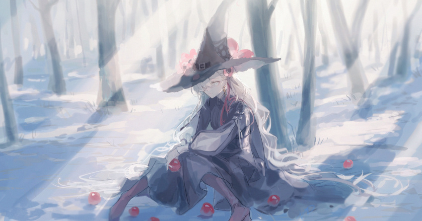1girl absurdres anemone_(flower) apple black_dress black_headwear boots dress earrings expressionless flower food forest fruit grey_hair hair_ornament hair_over_one_eye hat hat_flower highres holding holding_food holding_fruit isekai_joucho jewelry kamitsubaki_studio long_hair looking_at_viewer multicolored_hair nature outdoors red_hair sitting sketch solo sunlight tree two-tone_hair very_long_hair virtual_youtuber walluka wavy_hair witch_hat