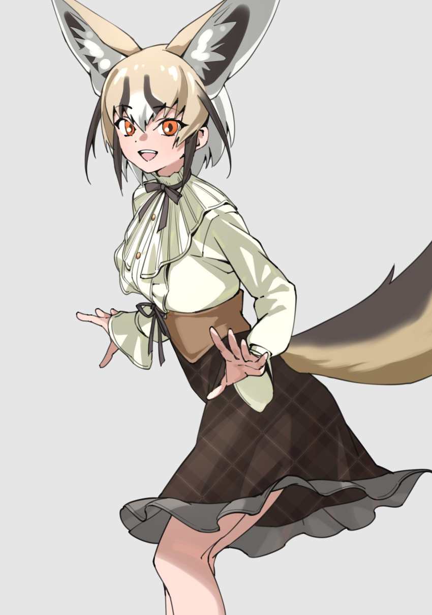 absurdres animal_ears black_bow black_bowtie blonde_hair blush bow bowtie brown_hair brown_skirt casual collar commentary_request cowboy_shot extra_ears fox_ears fox_girl fox_tail frilled_collar frills high-waist_skirt highres kemono_friends kemono_friends_3 long_sleeves looking_at_viewer multicolored_hair official_alternate_costume open_mouth orange_eyes plaid plaid_skirt puffy_sleeves rueppell's_fox_(kemono_friends) shirt short_hair sidelocks skirt smile tail tanabe_(fueisei) white_hair white_shirt