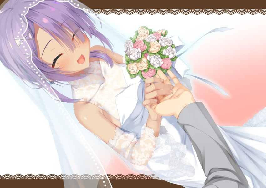 1boy 1girl 8kumagawa_(log) :d bare_shoulders blush bouquet breasts bridal_veil cafe_stella_to_shinigami_no_chou closed_eyes collarbone commentary dress dutch_angle fingernails floral_print flower gradient_background hair_ornament hair_over_one_eye happy highres hiuchidani_mei holding holding_bouquet holding_hands low_twintails medium_breasts medium_hair open_mouth pink_background purple_hair rose rose_print sidelocks simple_background sleeveless sleeveless_dress smile solo_focus tan twintails veil wedding wedding_dress white_background white_flower white_rose x_hair_ornament