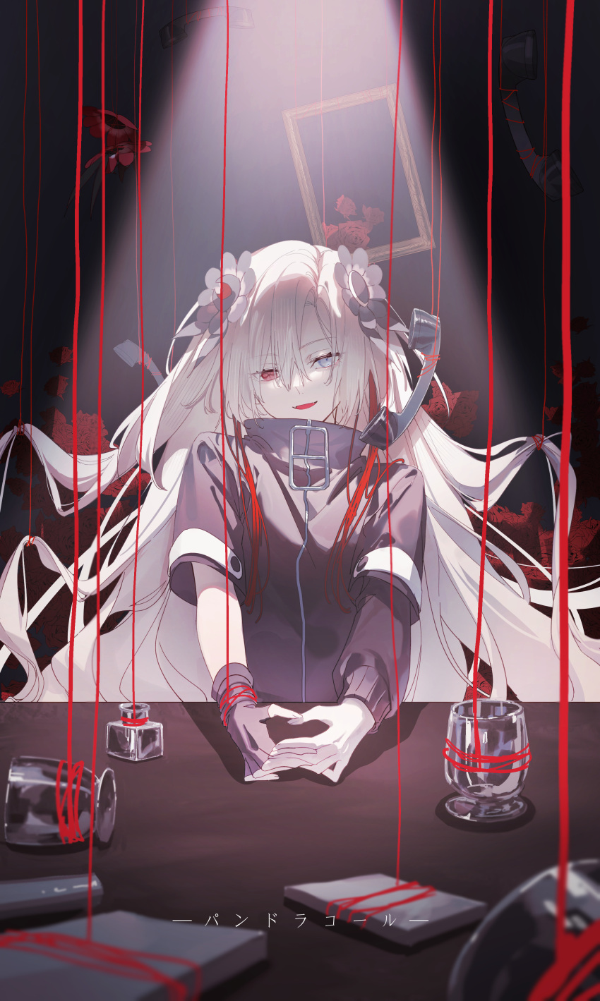 1girl absurdres anemone_(flower) asymmetrical_sleeves black_coat coat fangs fingerless_gloves flower glass gloves grey_eyes hair_flower hair_ornament hair_over_one_eye heterochromia highres isekai_joucho kamitsubaki_studio long_hair looking_at_viewer multicolored_hair open_mouth own_hands_together phone picture_frame red_eyes red_flower red_hair red_rose rose single_fingerless_glove single_glove smile solo song_name string two-tone_hair upper_body very_long_hair virtual_youtuber walluka white_hair