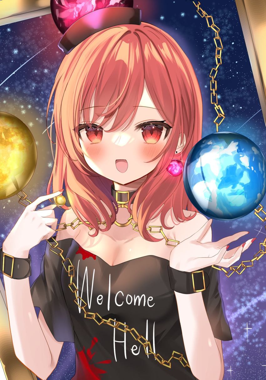 1girl :d bangs bare_shoulders blush breasts chain cleavage collarbone earrings earth_(ornament) glint gold_chain hair_between_eyes hands_up hecatia_lapislazuli highres jewelry looking_at_viewer medium_breasts medium_hair moon_(ornament) nail_polish night night_sky off-shoulder_shirt off_shoulder okome2028 polos_crown red_eyes red_nails shirt sky smile solo star_(sky) touhou upper_body wristband