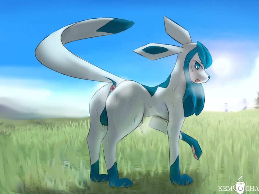 anus backsack balls blue_body blue_eyes blue_fur blue_nose bodily_fluids butt eeveelution feral fur generation_4_pokemon genitals glaceon hi_res kemocha looking_at_viewer looking_back male nintendo pawpads paws pokemon pokemon_(species) pupils raised_paw raised_tail rear_view smile smiling_at_viewer solo standing steam sweat tail white_pupils