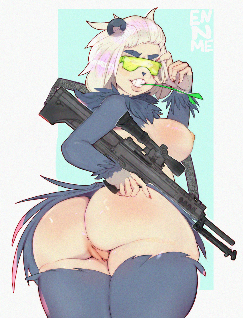 absurd_res anthro bipod breasts butt digital_media_(artwork) ennmedoo eyewear female generation_6_pokemon genitals gun hair hi_res marksman_rifle mingyu_(remaninglife) nintendo nude pangoro pokemon pokemon_(species) pussy qbu-88 ranged_weapon remaninglife side_boob solo sunglasses weapon white_hair