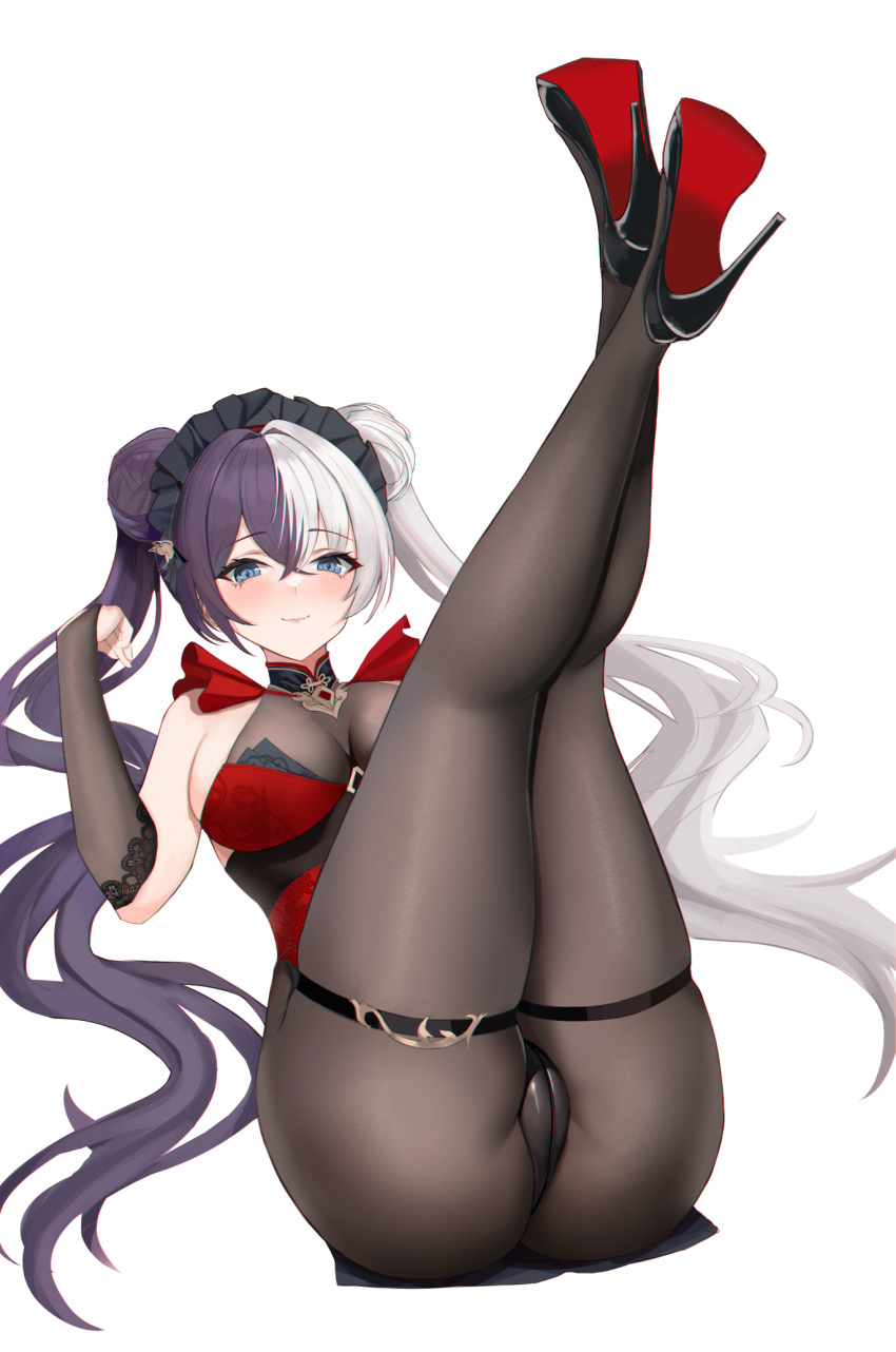 1girl ass azur_lane bangs bilei black_footwear black_gloves black_pantyhose blue_eyes breasts bridal_gauntlets closed_mouth crossed_bangs double_bun gloves hair_bun hand_up high_heels highres large_breasts legs_up long_hair looking_at_viewer lying maid_headdress multicolored_hair on_back paid_reward_available pantyhose purple_hair red_shirt shirt simple_background smile solo split-color_hair thigh_strap two-tone_hair very_long_hair white_background white_hair ying_swei_(azur_lane)