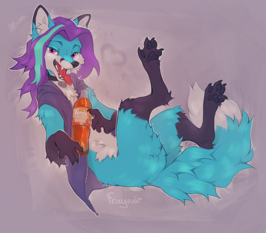 2023 black_body black_fur blue_body blue_fur canid canine claws digital_media_(artwork) fox frayvuir fur hair hi_res mammal open_mouth pawpads purple_eyes purple_hair teeth tongue white_body white_fur