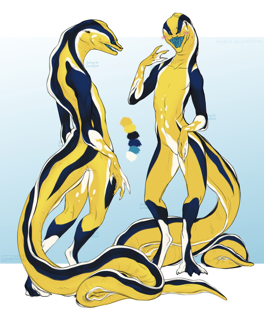 2022 anthro blue_body blue_eyes blue_tail color_swatch dark_body dated featureless_crotch glistening glistening_eyes gradient_background hi_res lostgoose male model_sheet no_sclera nude open_mouth sharp_teeth signature simple_background solo species_request standing tail teeth white_body white_tail yellow_body yellow_tail