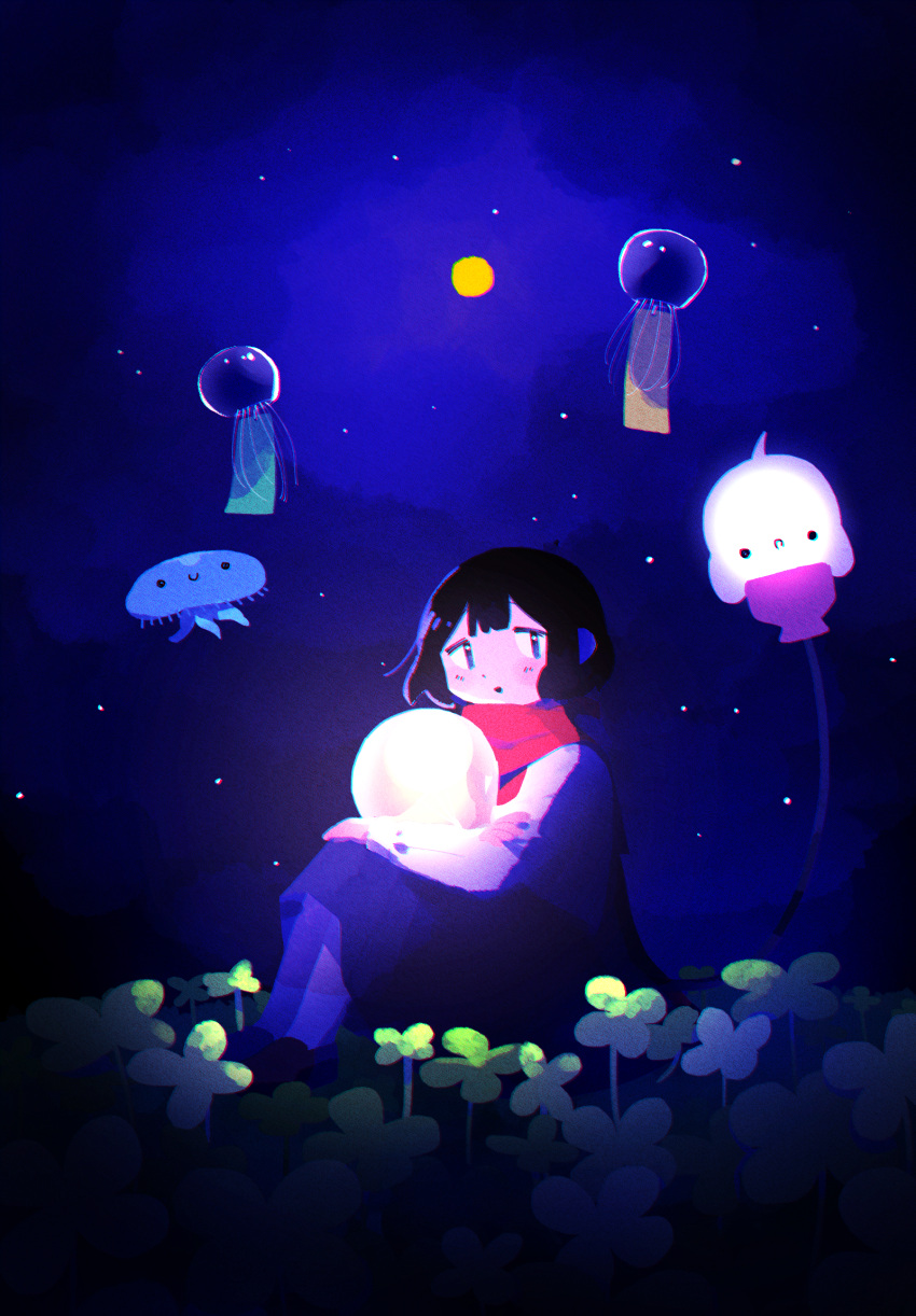 1girl bangs black_hair cable clover commentary_request four-leaf_clover full_moon ghost grey_skirt highres jellyfish knees_up light_bulb long_sleeves looking_at_viewer moon night night_sky on_ground original outdoors pinpon_sakana red_scarf scarf shirt short_hair sitting skirt sky solo star_(sky) starry_sky white_shirt wide_shot wind_chime